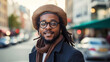 Stylish black man. A suave urbanite exudes confidence on a city corner, adorned with chic glasses and a sharp hat