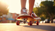 Young skateboarders legs.  A skater, adorned in red sneakers, rides a skateboard with precision and grace amidst the soft glow of the setting sun, embodying freedom and youth