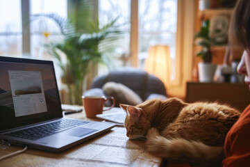 Poster - A person working on a laptop in a cozy home office with a cat sleeping on the desk