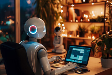 Poster - person working on a laptop in a modern home office with a robot assistant