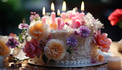 Sticker - Flower bouquet, candlelight, dessert, celebration love sweet elegance generated by AI