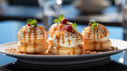  a white plate topped with three desserts covered in icing and strawberries on top of a blue table.