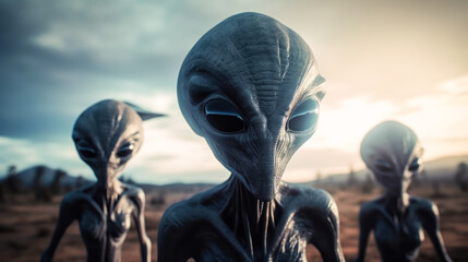 Three aliens outdoors. Created with AI.