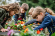 Children placing flowers on graves at a military cemetery, illustrating the intergenerational passing of care and love, faith and tradition, courage
