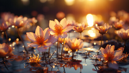 Canvas Print - Vibrant yellow flower blossoms in tranquil meadow at sunset generated by AI