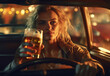 young woman drinking alcohol while driving in his car