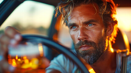 Man drinking alcohol while driving in his car