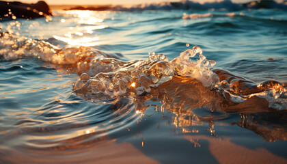 Poster - Sunset over the water, waves crashing on sandy shores generated by AI