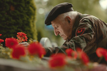 A War Veteran Visiting The Grave Of A Fallen Comrade, Expressing Personal Connection And Care And Love, Faith And Tradition, Courage