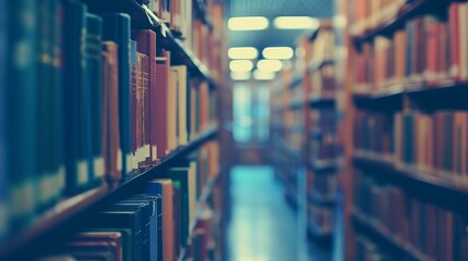 Wall Mural - Blurred public library interior space. Defocused bookshelves with books - vintage tone. Learning and education concept background 