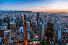 Aerial Of Financial District At Dusk, San Francisco, USA