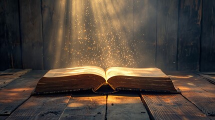 Old magic book on wooden table with light rays coming out form the inside 