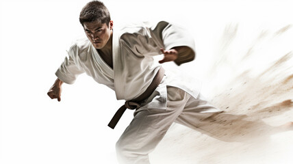 Skill and Power: A martial artist in a white gi and a black belt demonstrates a karate technique, ready to strike. The white background and the obscured face create a sense of focus and mystery