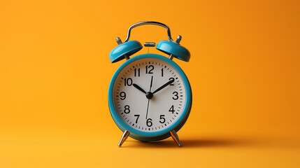 Wall Mural - Blue clean mechanical alarm clock. Plain orange background. Twin bell table alarm clock; moving hammer. Retro metal case. Wake up in the morning. Product display with minimalist graphic design object 