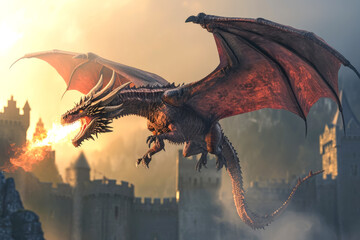 Wall Mural - majestic dragon soaring over a medieval castle, breathing fire on the battlements