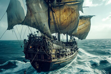 Pirate Ship Sailing The High Seas, With A Fierce Captain And A Treasure Map Leading To Riches Untold