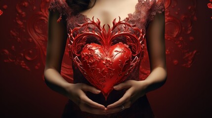  a woman in a red dress holding a red heart shaped object in front of a red background with red flowers.