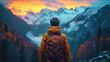 A picture of a person where his face is lit by the warm light of dawn, and the mountains against t