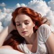 A Red Haired Woman In A White Top Sleeps On Soft Comfortable Clouds, Illustration