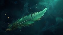  A Green Feather Floating On Top Of A Dark Blue Liquid Filled Body Of Water With Stars In The Sky In The Background.