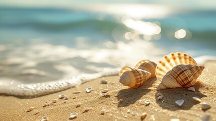 Shell decoration on sand and sea landscape