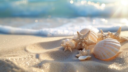 Wall Mural - Shell decoration on sand and sea landscape