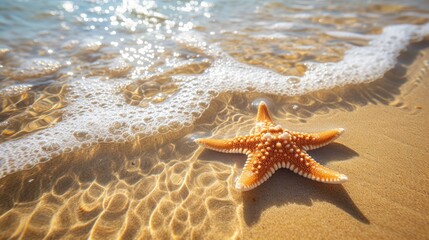 Wall Mural - Starfish on the sand beach in clear sea water. Summer background. Summer time .Copy space. Relaxing on the beach.