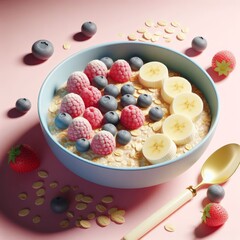 Wall Mural - Tasty breakfast - granola bowl with various berries and banana isolated on a pastel pink background. Trendy health eating concept in minimalism style. Food flat lay, for website, design and banners.