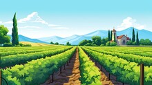 Cartoon Rolling Vineyards, Wineries, And Picturesque Countryside.
