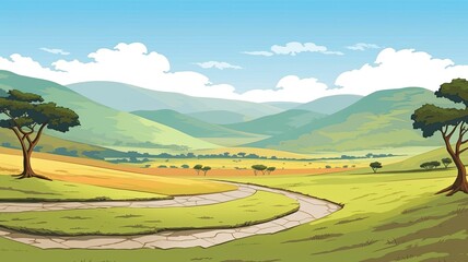 Wall Mural - cartoon illustration harmony of Natural amphitheater with diverse wildlife.