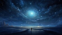  A Person Standing In The Middle Of A Beach Under A Night Sky With Stars And A Full Moon In The Distance.