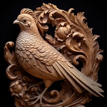 A Wooden Carving Of A Bird On A Black Background