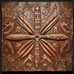 Wall Mural - A wooden carving of a dragonfly on a wall