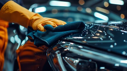 Wall Mural - Car polishing series : Worker cleaning a car with microfiber cloth