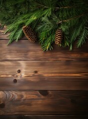 Canvas Print - A background with fir branches and pine cones on wooden background. Generative AI.