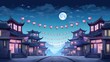 cartoon illustration Panorama chinese street with old houses, chinese arch, lanterns and a garland at night.