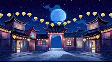 Cartoon Illustration Panorama Chinese Street With Old Houses, Chinese Arch, Lanterns And A Garland At Night.