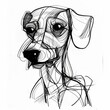 © Miriam - Cute Puppy Sketch, Organic flowing lines, artistic dog illustration, with black line drawn dog, close up portrait of puppy face, shiny nose, adorable eyes, floppy ears, abstract modern style sketch