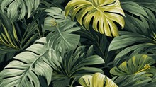  A Close Up Of A Bunch Of Green And Yellow Leaves On A Black Background With White And Yellow Spots On The Leaves.