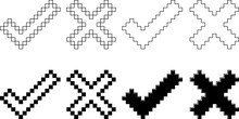 Black White Pixel Check Mark Cross Icon Set