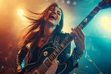 Woman Playing A Rock Guitar With Enthusiasm Expert Skill Generative Ai