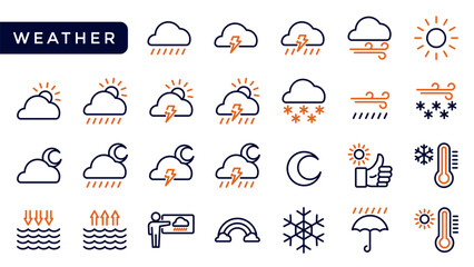 blue and orange line weather forecast icons set. outline set of weather forecast vector icons for we