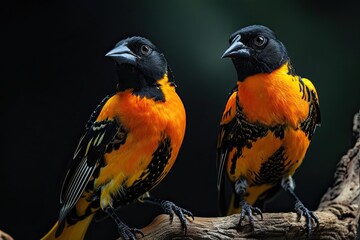 Wall Mural - Portrait two of Orioles standing in tree branch AI Generative