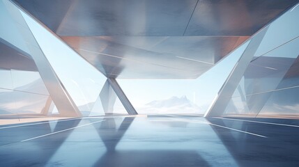 Poster - d render of abstract futuristic glass architecture with empty concrete floor  AI generated