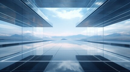 Poster - d render of abstract futuristic glass architecture with empty concrete floor  AI generated