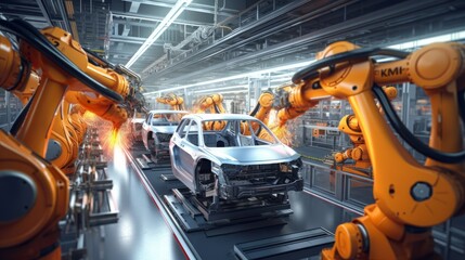 Wall Mural - d rendering robot assembly line in car factory  AI generated