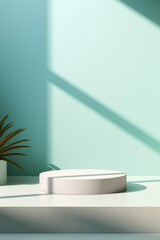 Fototapete - A clean white podium surrounded by soft natural shadows on a light pastel turquoise abstract background AI generated