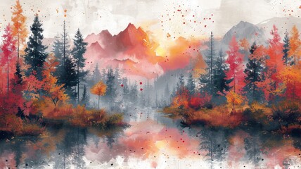 Wall Mural - Sunset in the mountains watercolor background