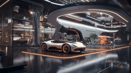 Poster - A futuristic car service center with state-of-the-art machinery AI generated