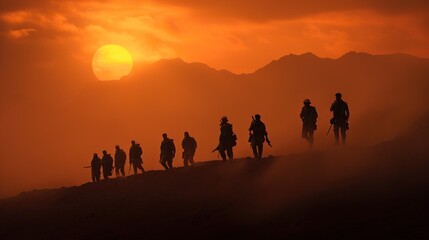 Poster - group of people walking in the sunset